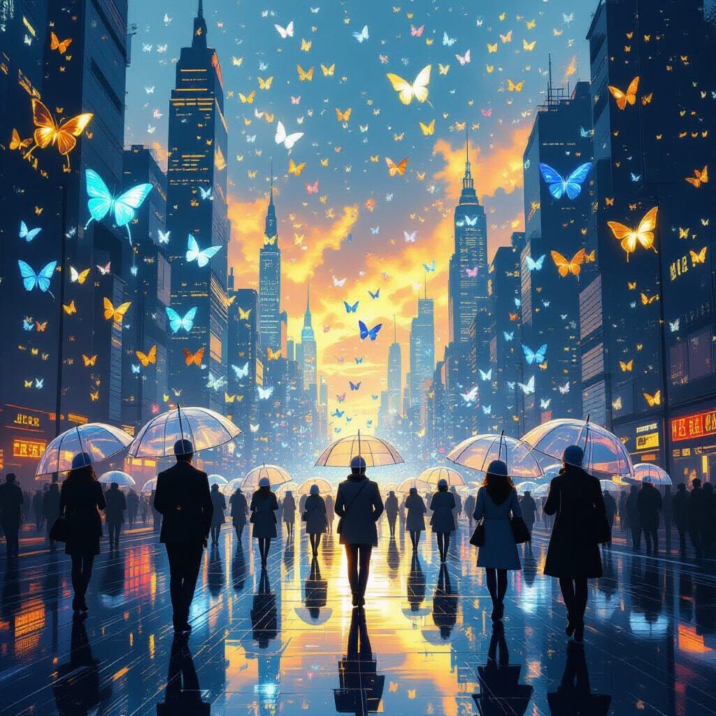 Futuristic Cityscape with Glowing Butterflies in Cinematic S...