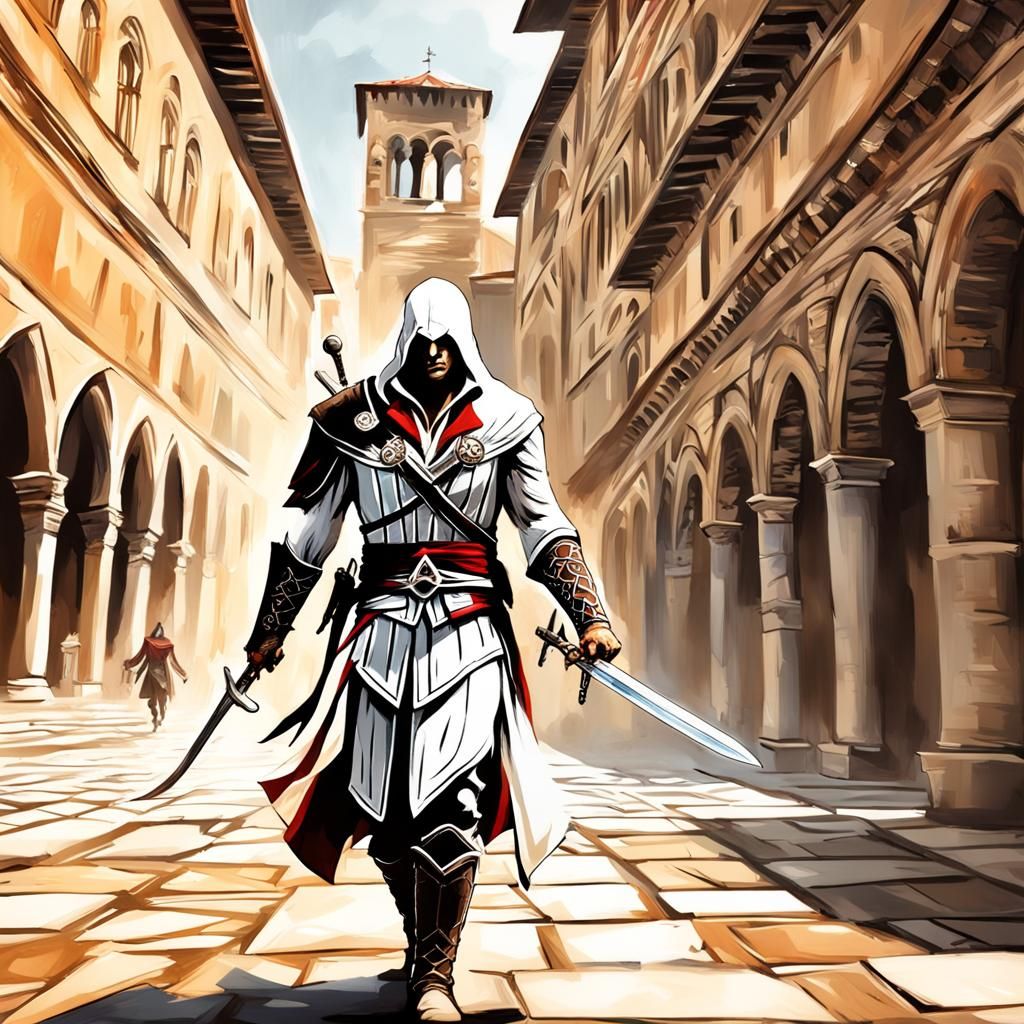 Assassin's Creed, Ezio Auditore with his sword, walking through Renaissance Florence, in his medieval costume Mark Brook...