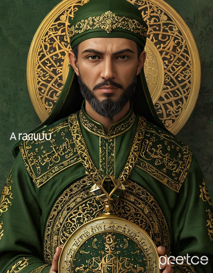 Majestic Islamic Saint in Regal Attire with Golden Quranic I...