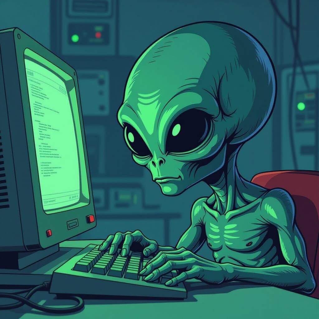 Roswell Grey Alien Hacking in 1980s Cartoon Style