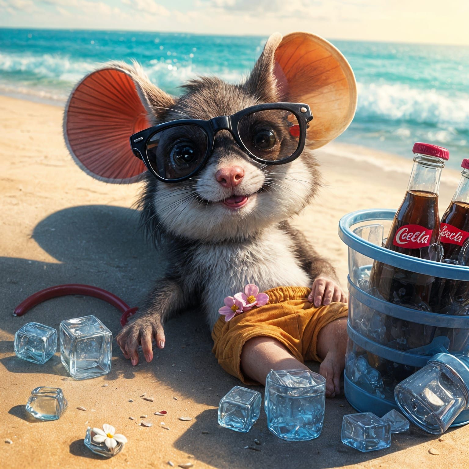 Happy Mouse in Beach Getaway with Cola and Ice
