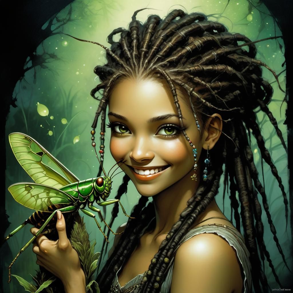 Pixie and pet grasshopper