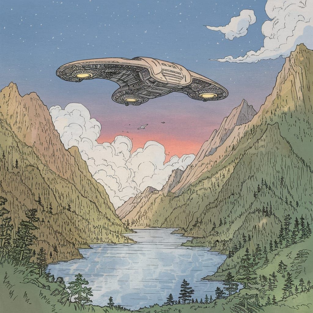 Cyberpunk Starship Over Serene Lake