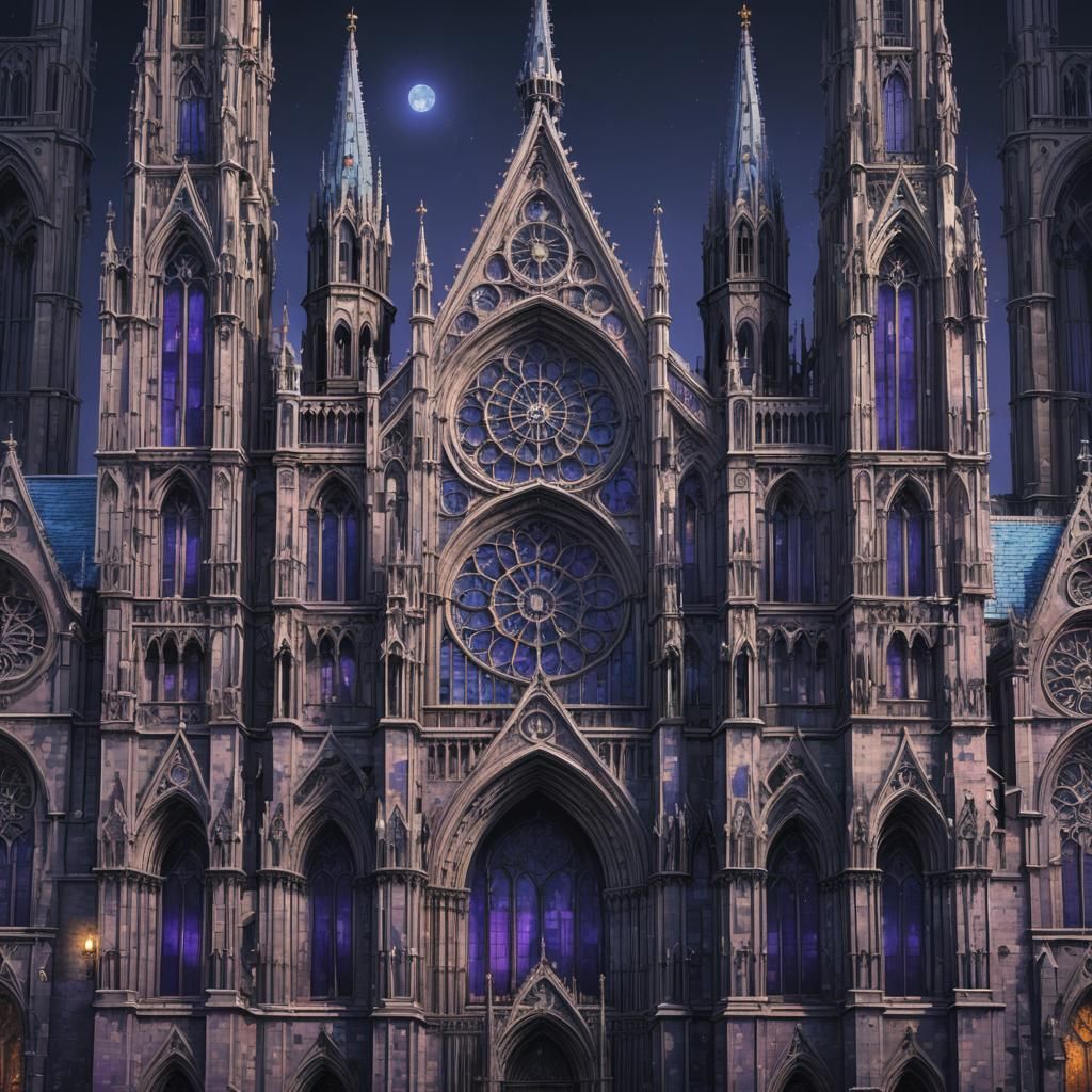 Pixel Art Gothic Cathedral Facade at Night
