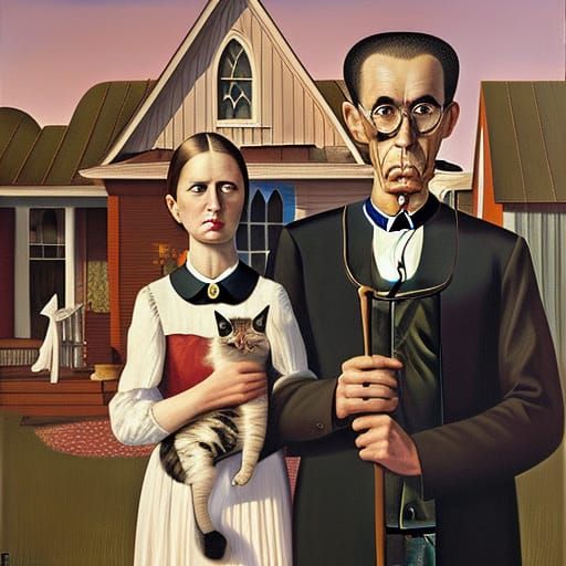 American Gothic Portrait of Father, Daughter and Cat