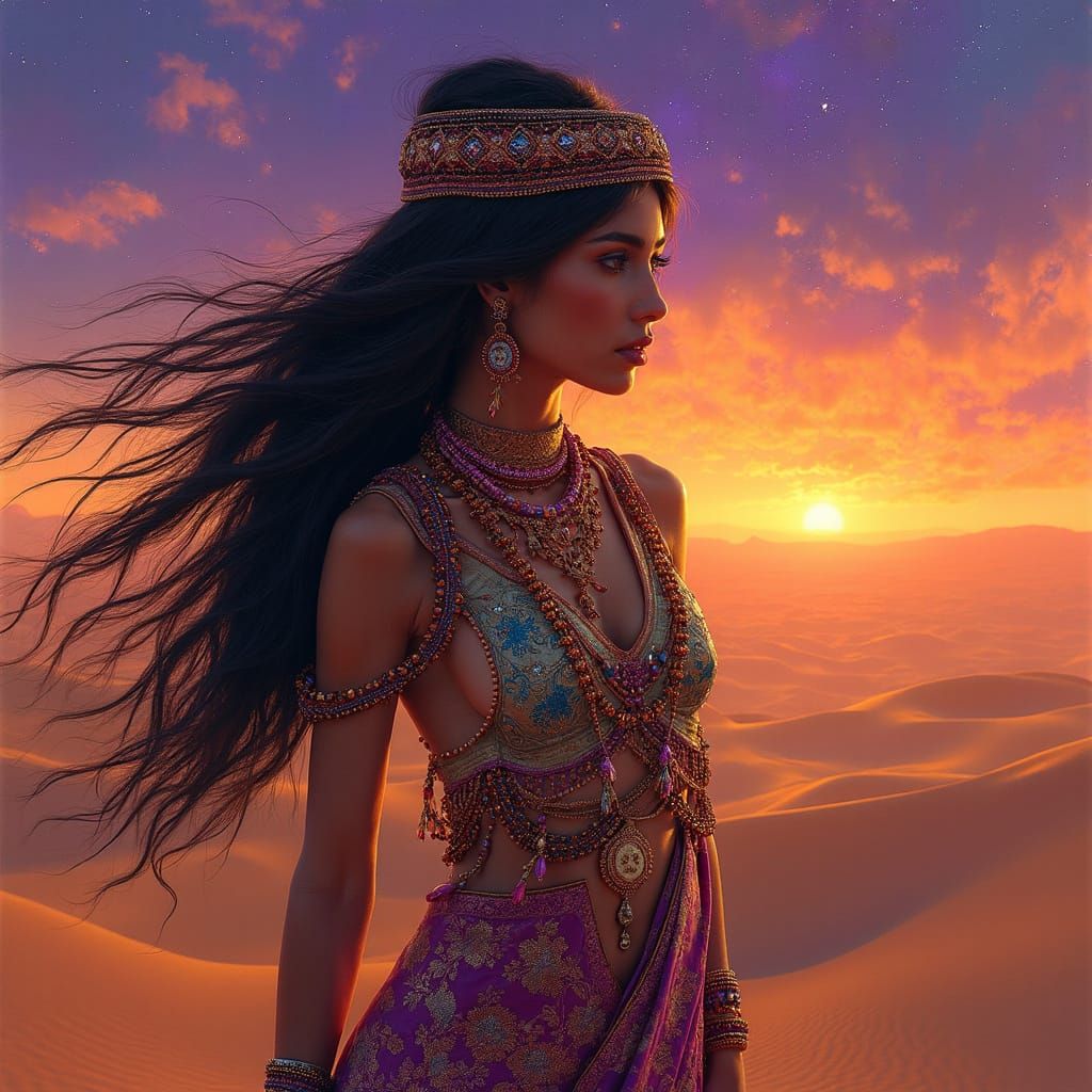 Mystical Desert Goddess in Vibrant African-Inspired Attire