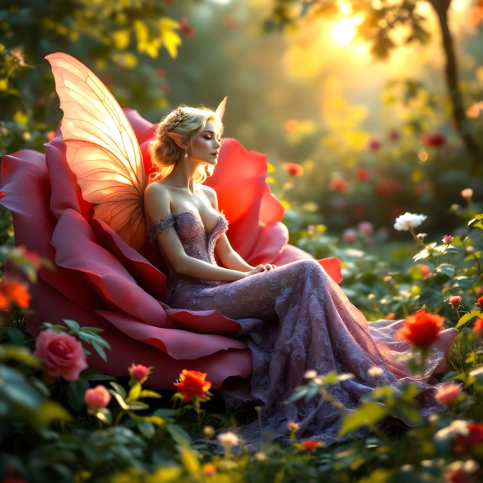 Friendly Elf with Blond Winged Princess in Vibrant English G...