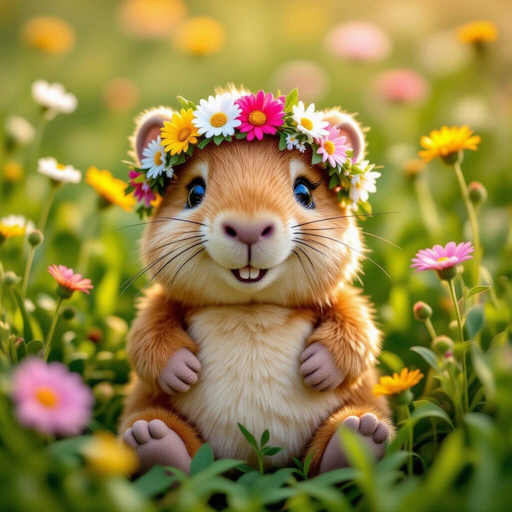 Joyful Capybara Plushie in Wildflower Meadow
