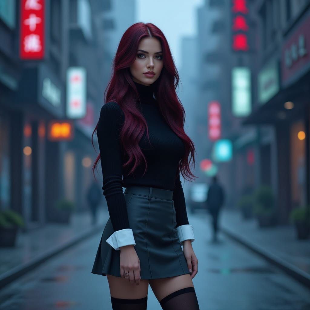 Cyberpunk Woman with Red Hair in Cityscape