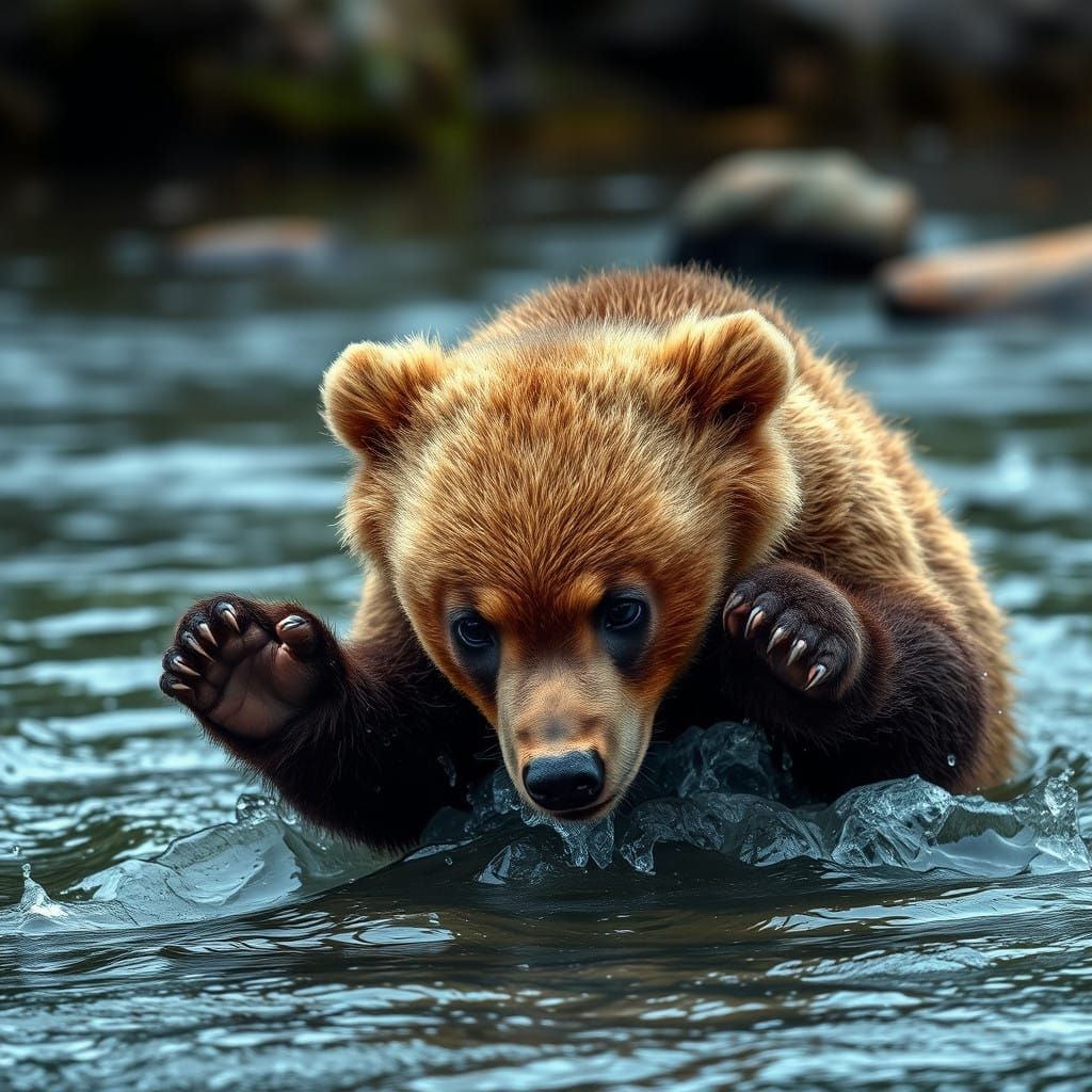 Playful Baby Grizzly Bear in a Serene River Scene, in Hyperr...