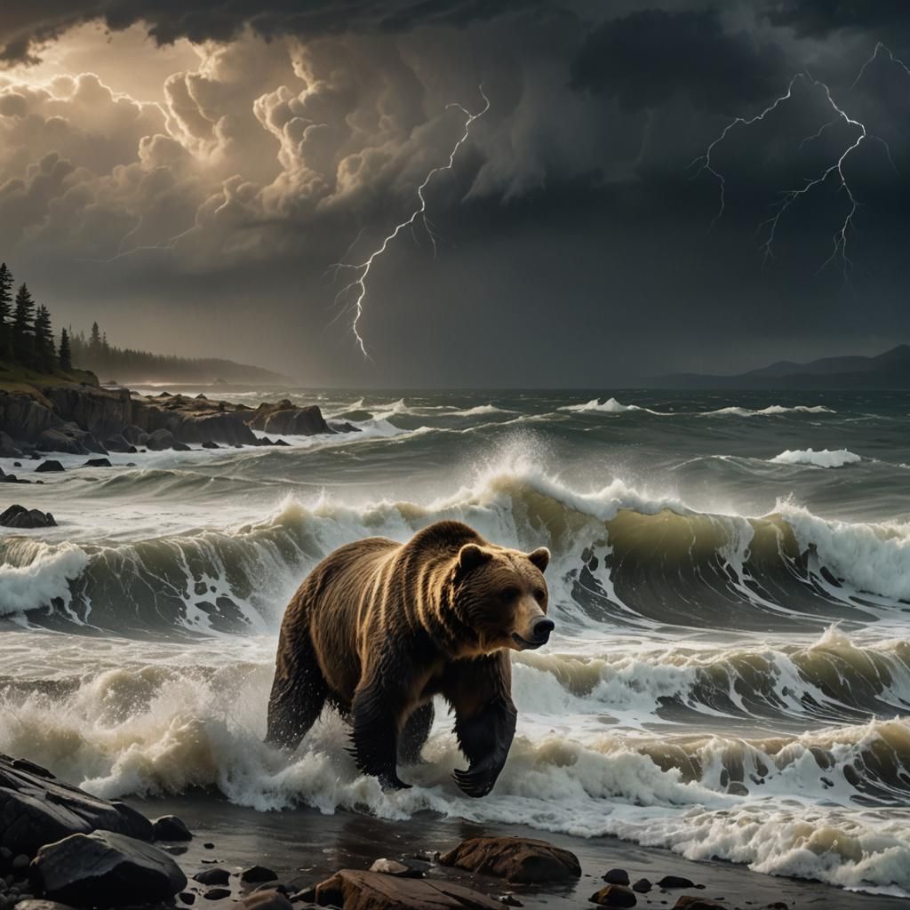 Grizzly Bear in Stormy Seas: Cinematic Realism