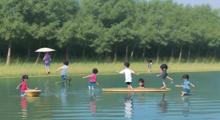 Children Playing in Lake, Anime Style