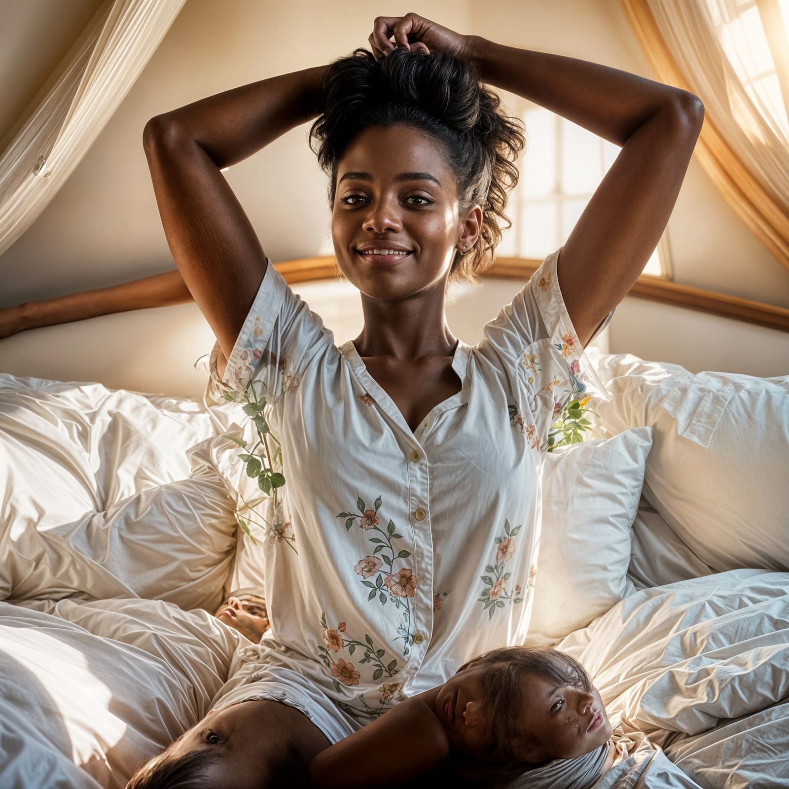 Black Woman Stretching in Sunny Bedroom, Detailed Digital Ar...