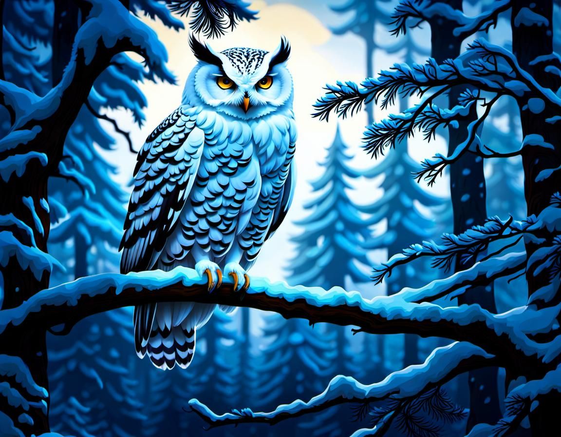 Snowy Owl in Winter Forest: Detailed Matte Painting