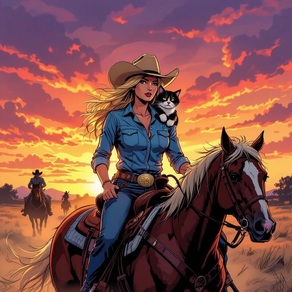 Cowgirl, Horse, and Grumpy Cat on Texas Battlefield