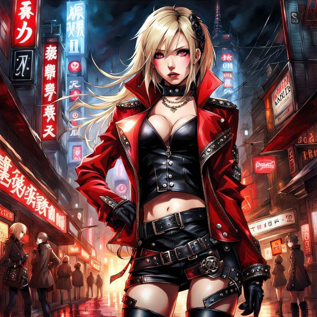 Gothic Punk Woman in Red Lingerie in Tokyo