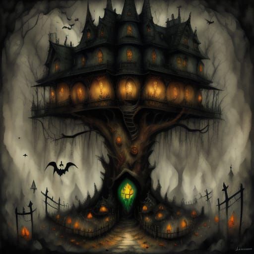 Haunted Halloween House with Monsters and Trick-or-Treaters