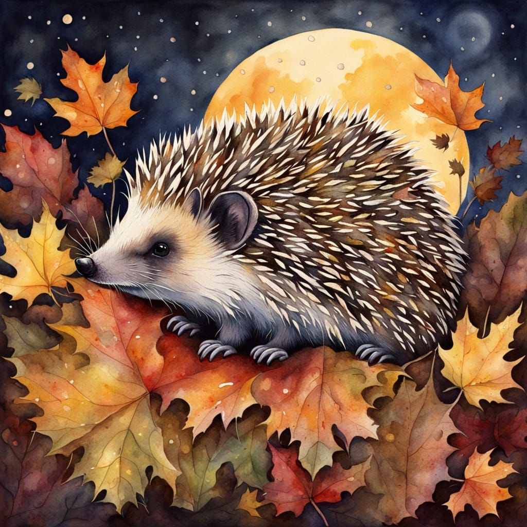 Hedgehog in Autumn Leaves Under Golden Moon, Watercolour Sty...
