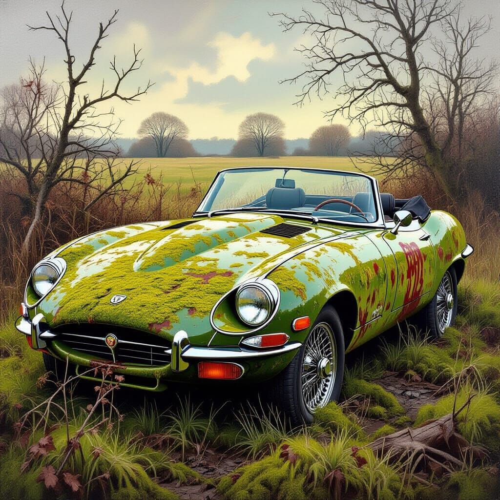 Moss Covered Ruined Jaguar E-Type Oil Painting