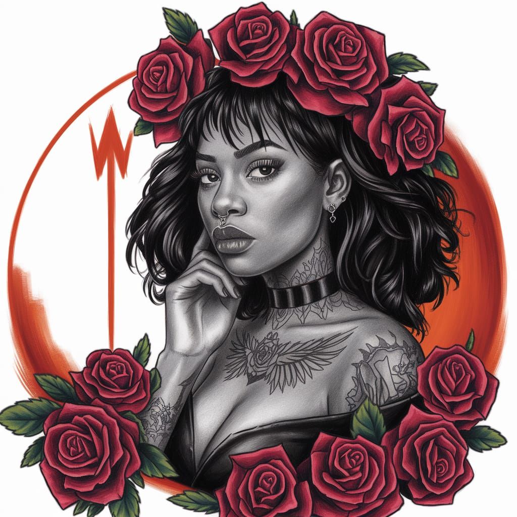 Gothic Woman Portrait with Roses in Pencil Drawing