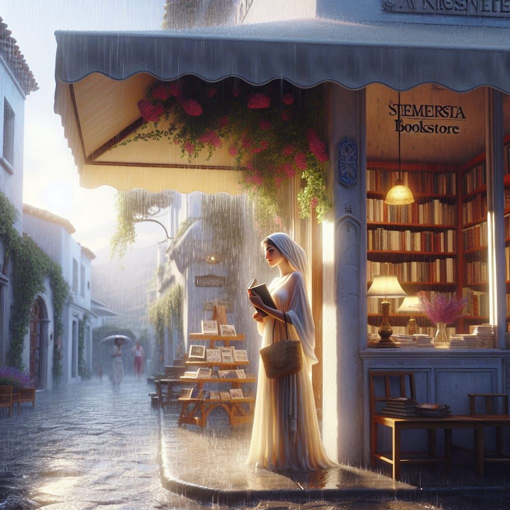 Middle-Eastern Woman Sheltering from Summer Rain