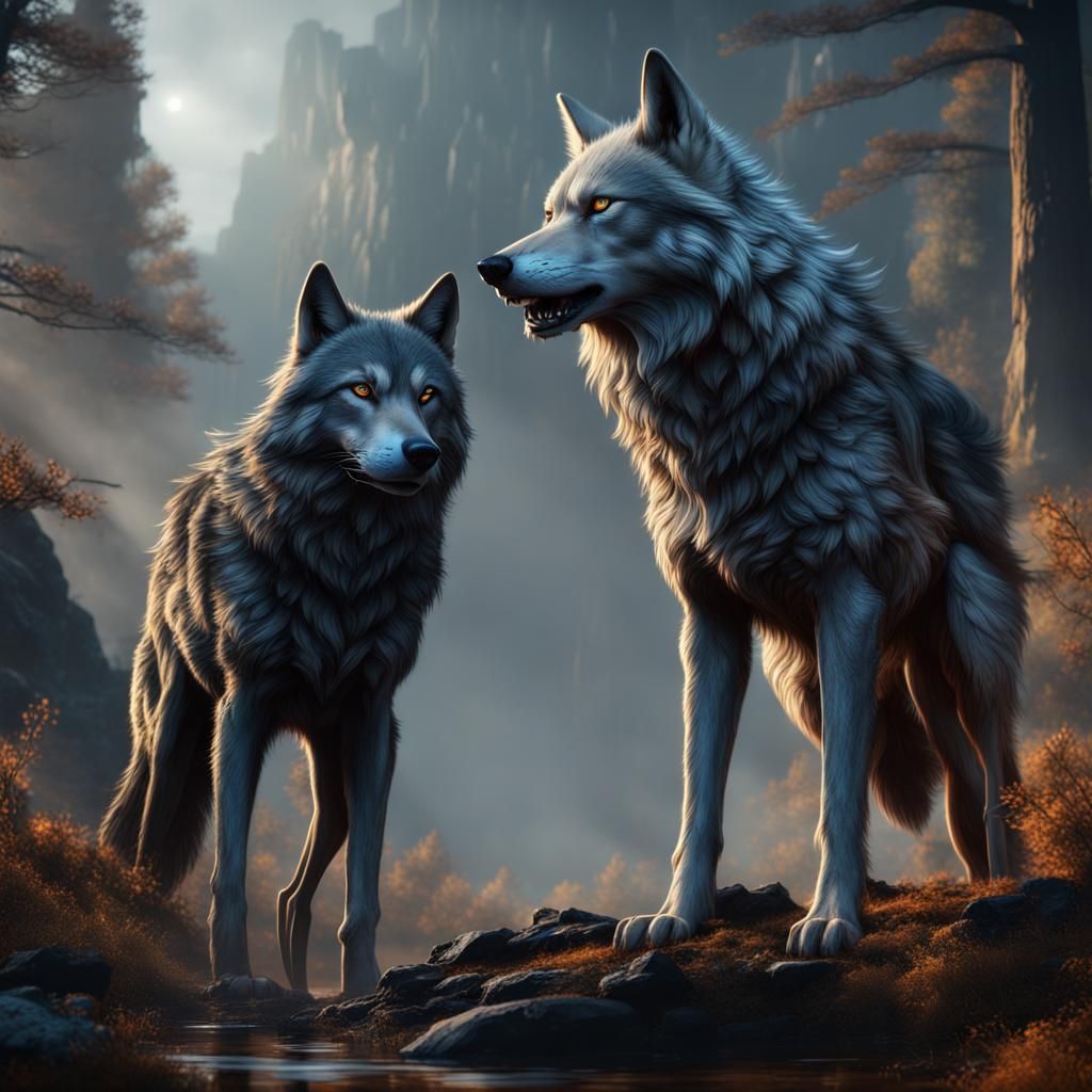 Detailed Wolves Matte Painting in Fantasy Landscape