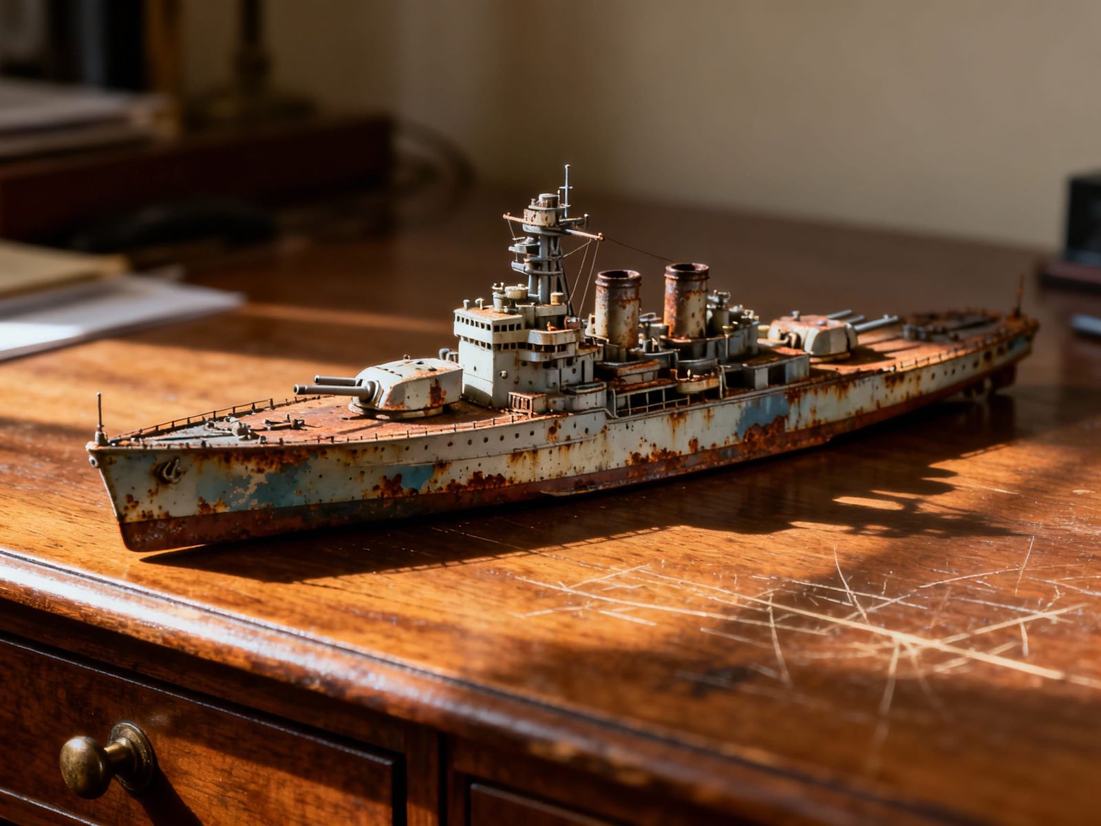 Photorealistic Miniature Battleship Toy on Desk