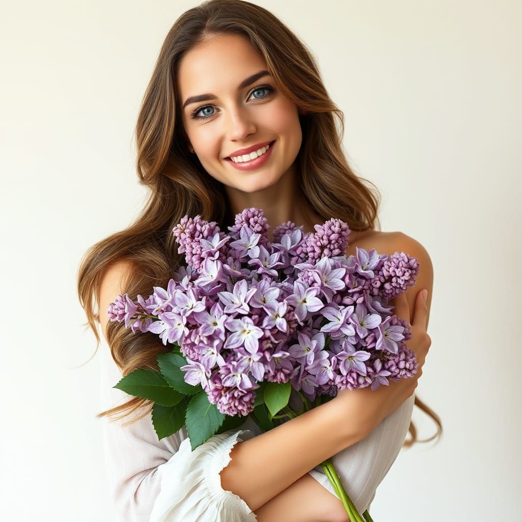Ethereal Beauty in Pre-Raphaelite Style with Lilac Bouquet