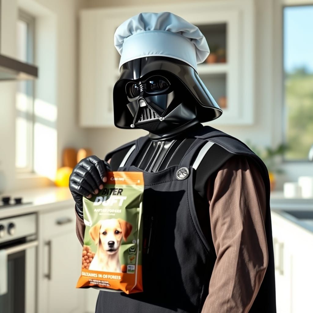 Darth Vader Inspects Dog Food in a Spacious Kitchen