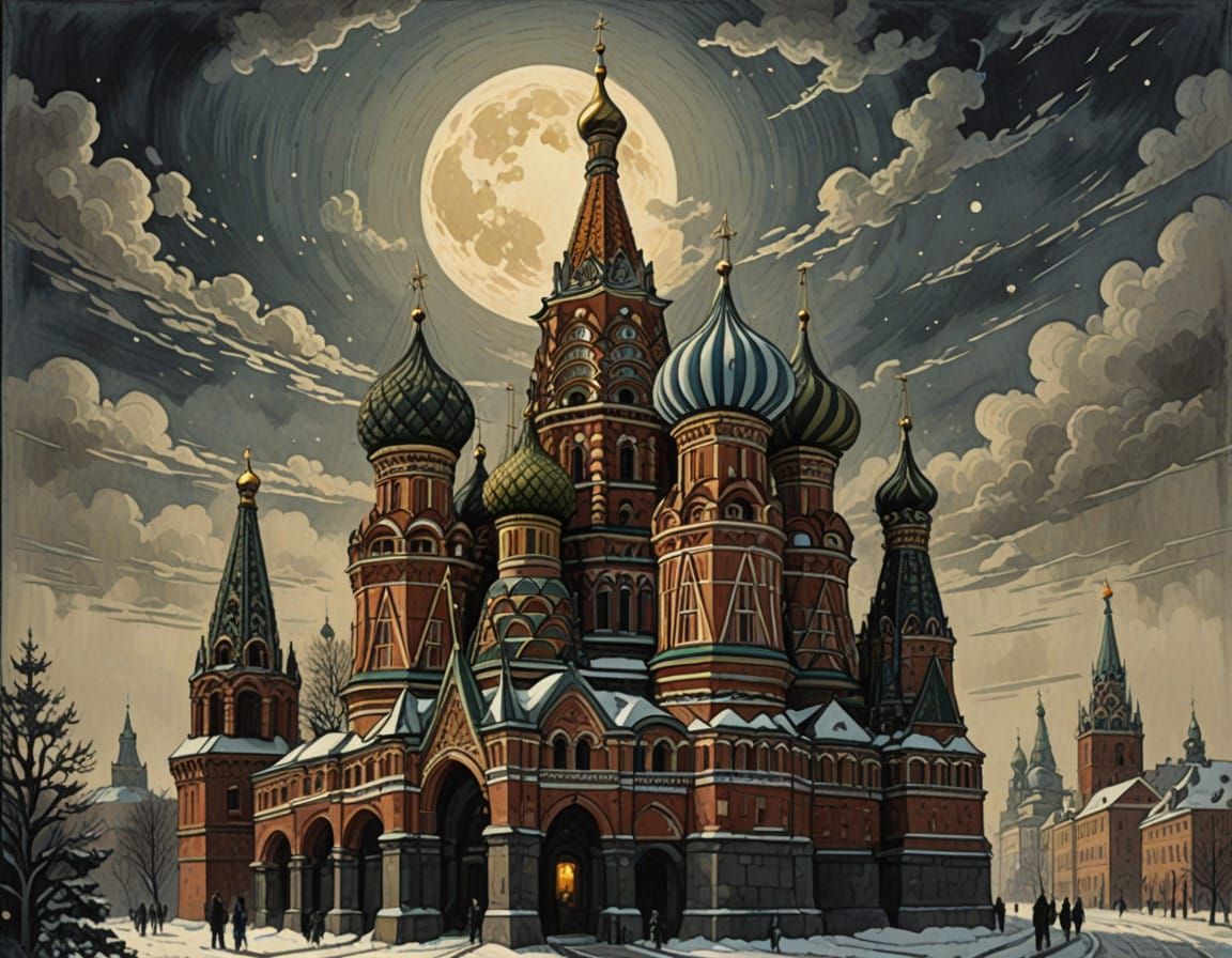 Vintage St. Basil's Cathedral in Moscow with Majestic Onion...