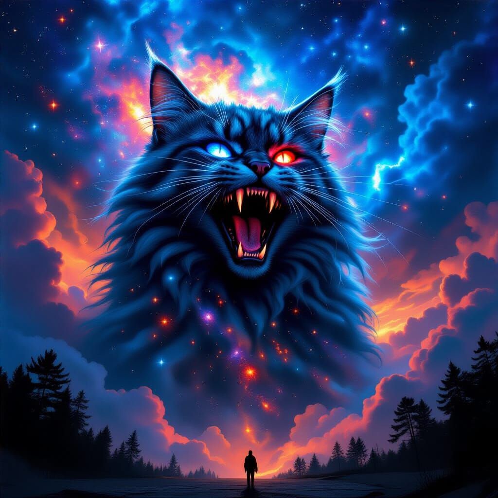Cosmic Cat Constellation Roaring in Surreal Dreamscape