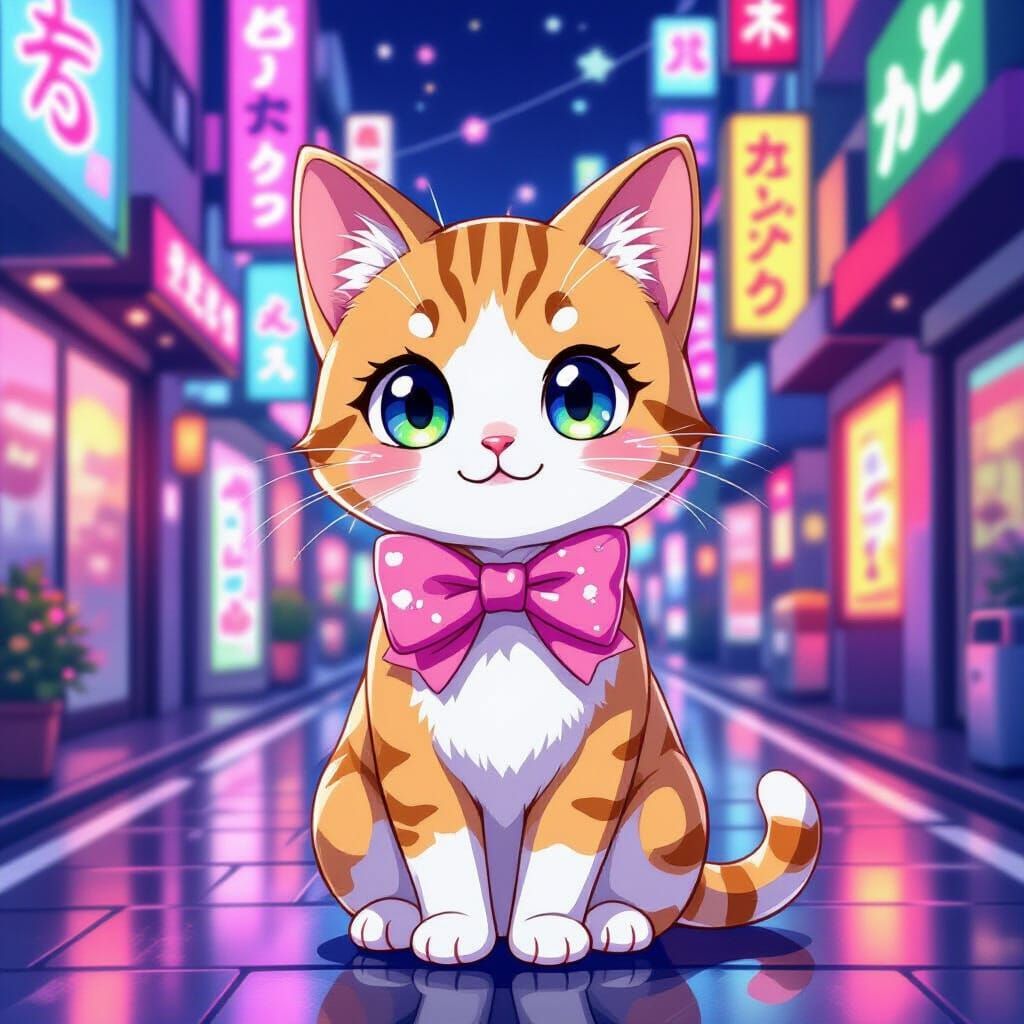 Anime Cat in Neon Japanese Street, Manga Art