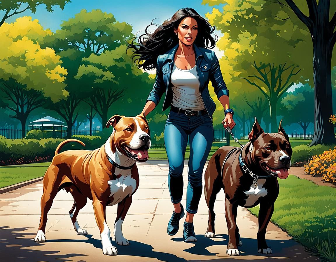 Latina and Pitbull Play in Park: Comic Book Art