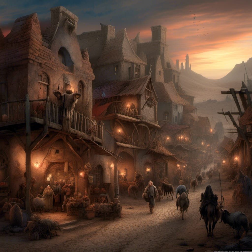 Fantasy Alien Medieval Town Marketplace in Gritty Style