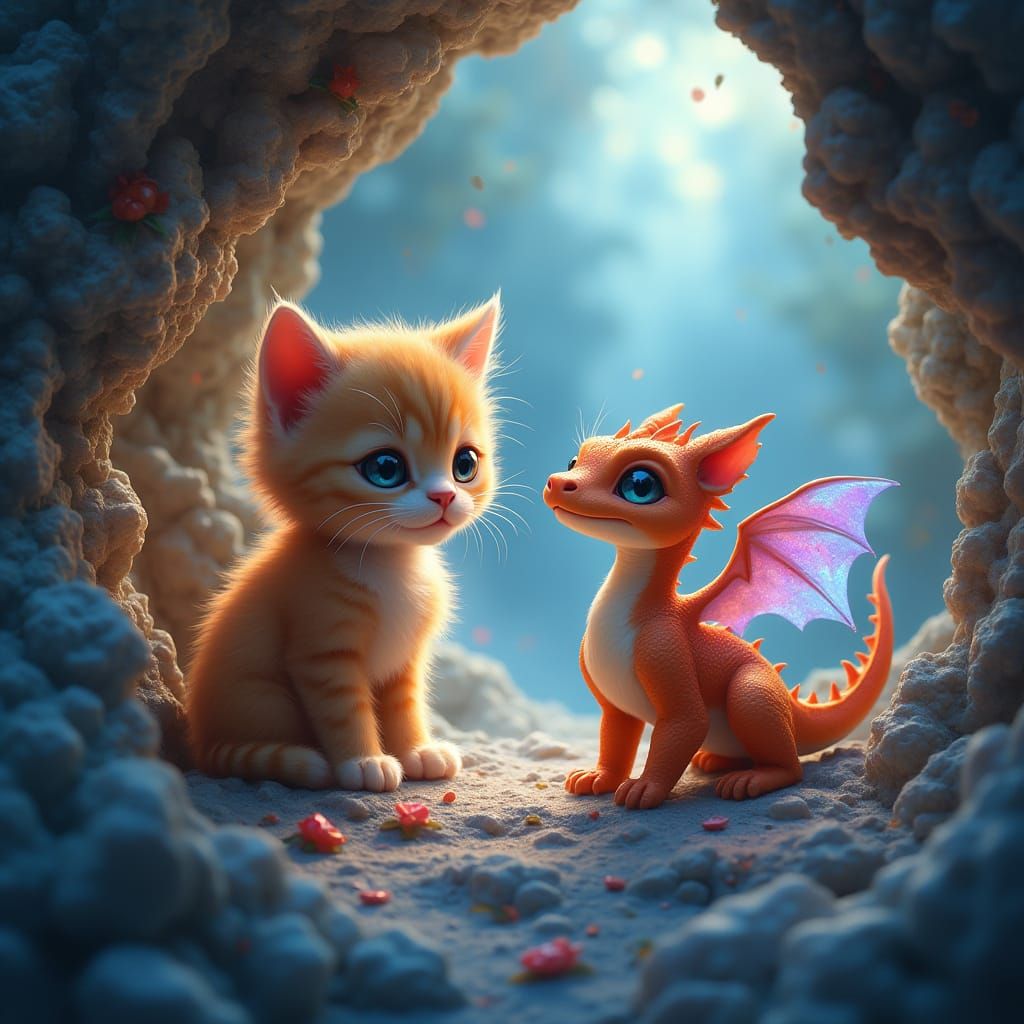 Cute Kitten and Baby Dragon in Crystal Cave