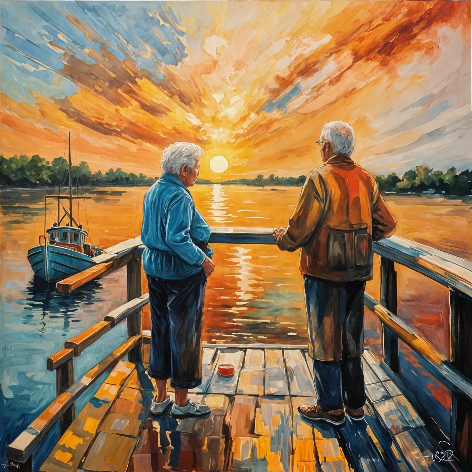 Elderly Couple at Sunset: Abstract Art