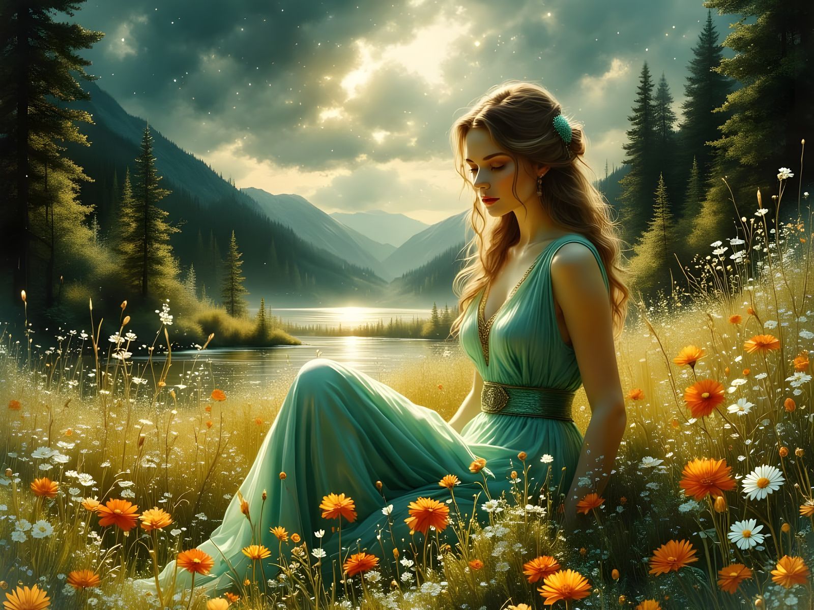 Norse Goddess in Wildflower Meadow as Ink Art