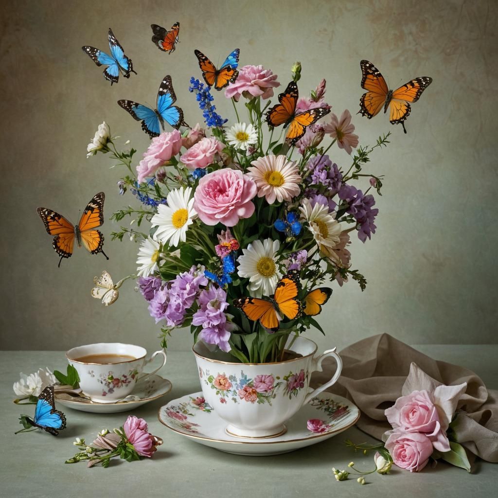 Surreal Still Life with Flowers, Butterflies and Teacup
