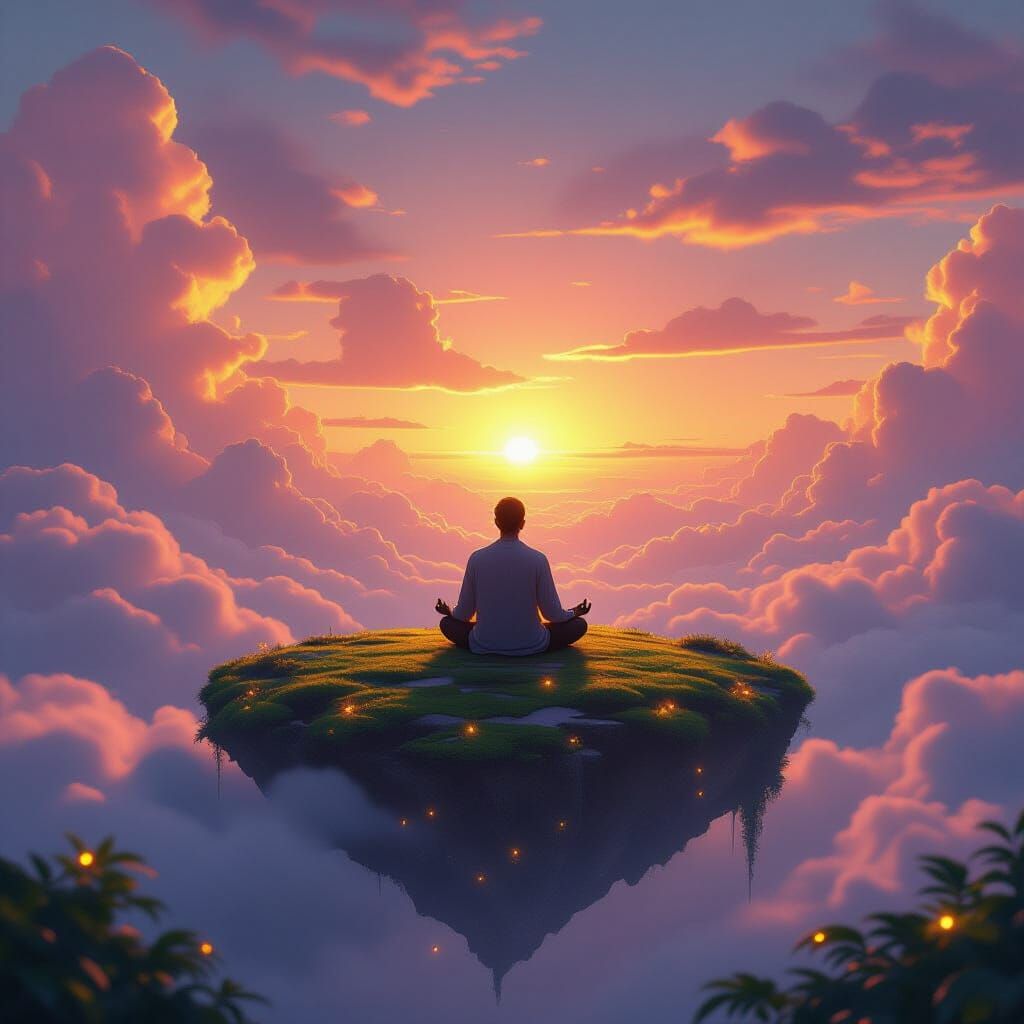 Figure Meditating on Floating Island at Sunset