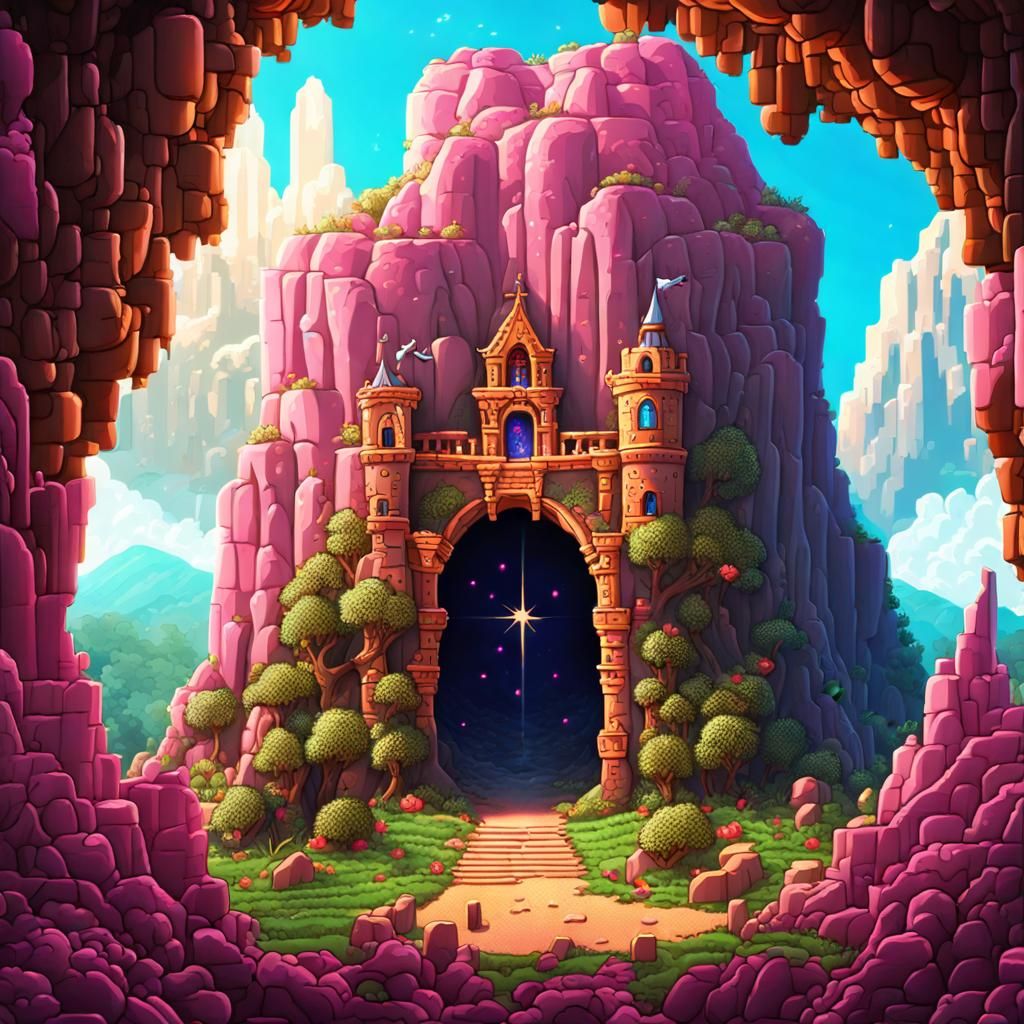 Pixel Art Cave with Pink Castle