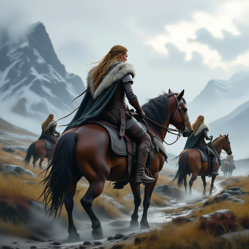 Viking Warrior Women Ride Through Nordic Landscape