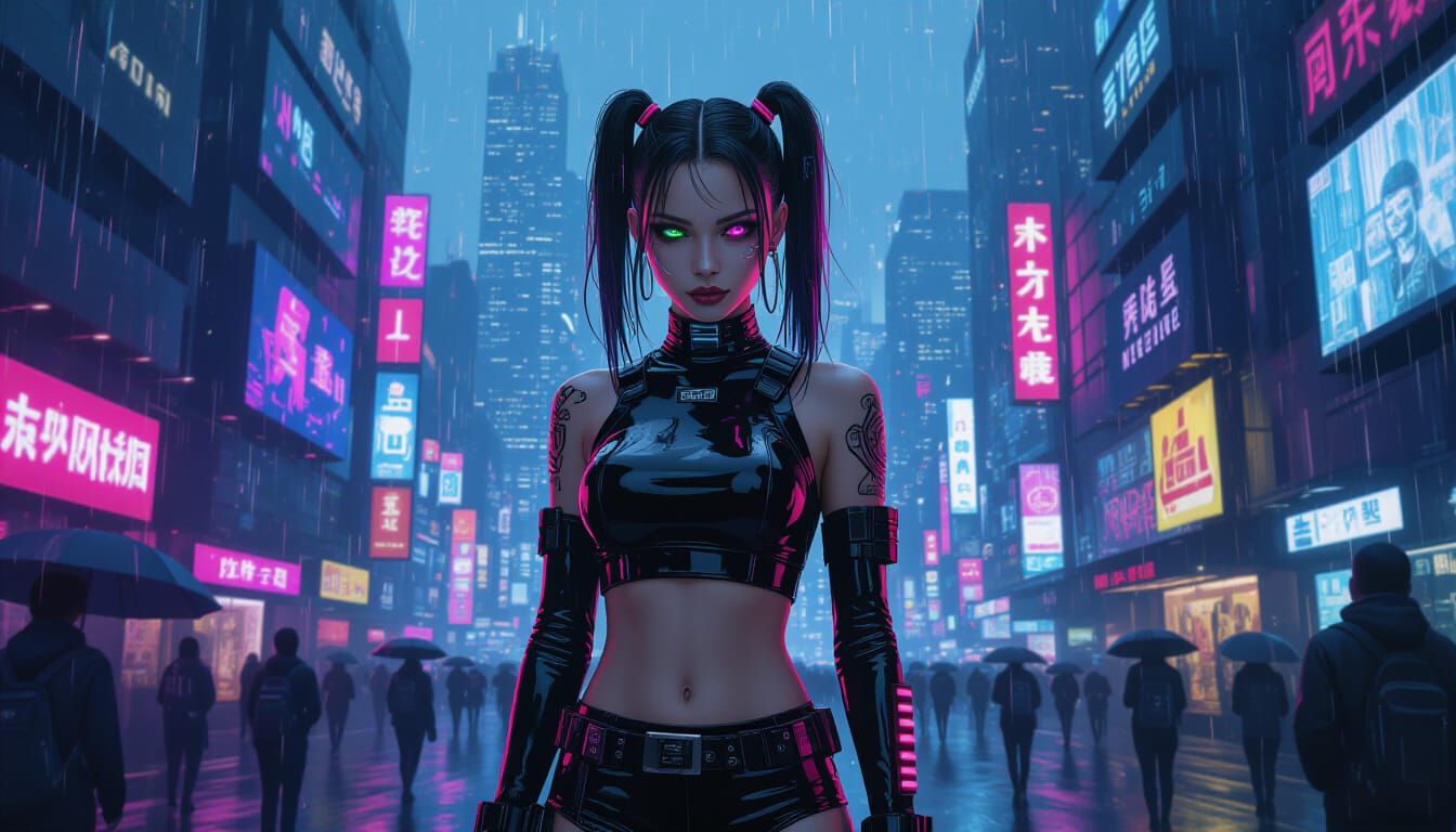 Cybergoth Girl in Neon Cyberpunk Cityscape