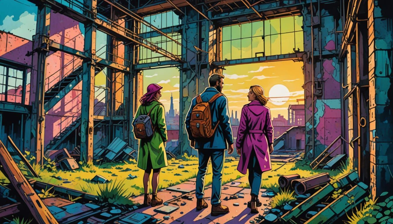 Couple Explore Abandoned Factory in Comic Book Style
