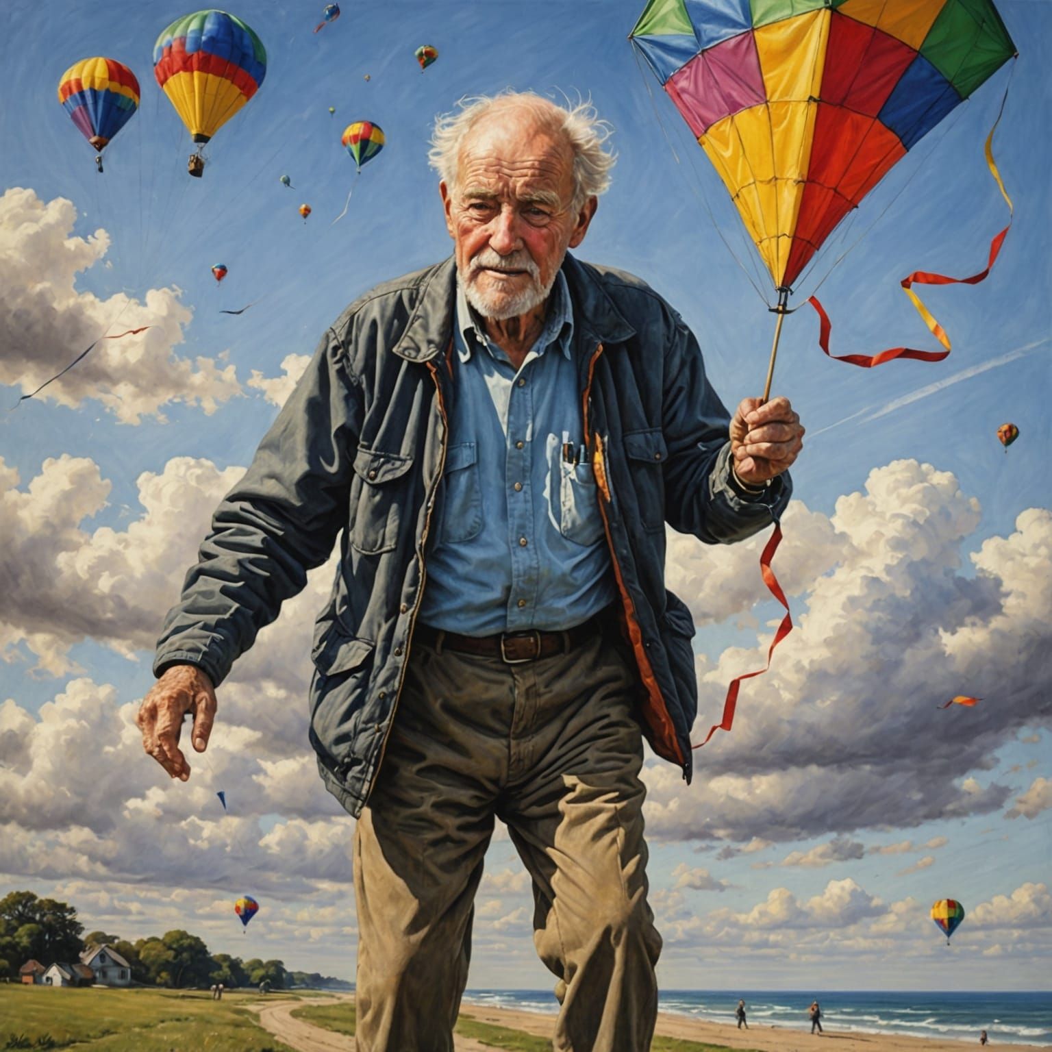 Detailed Charcoal Drawing of Old Man Flying Kites