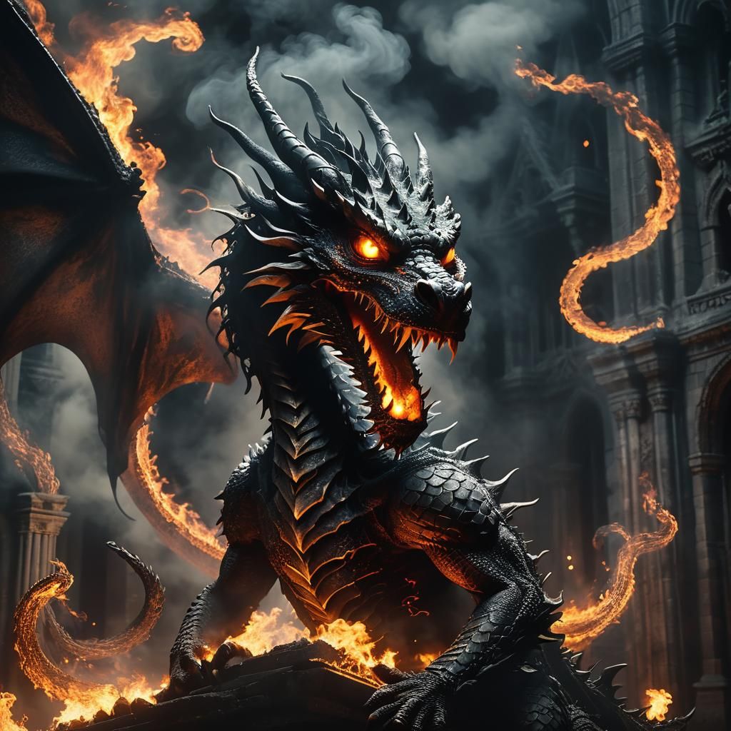Dark Fantasy Film Still: Fire Dragon Amidst Gothic Ruins