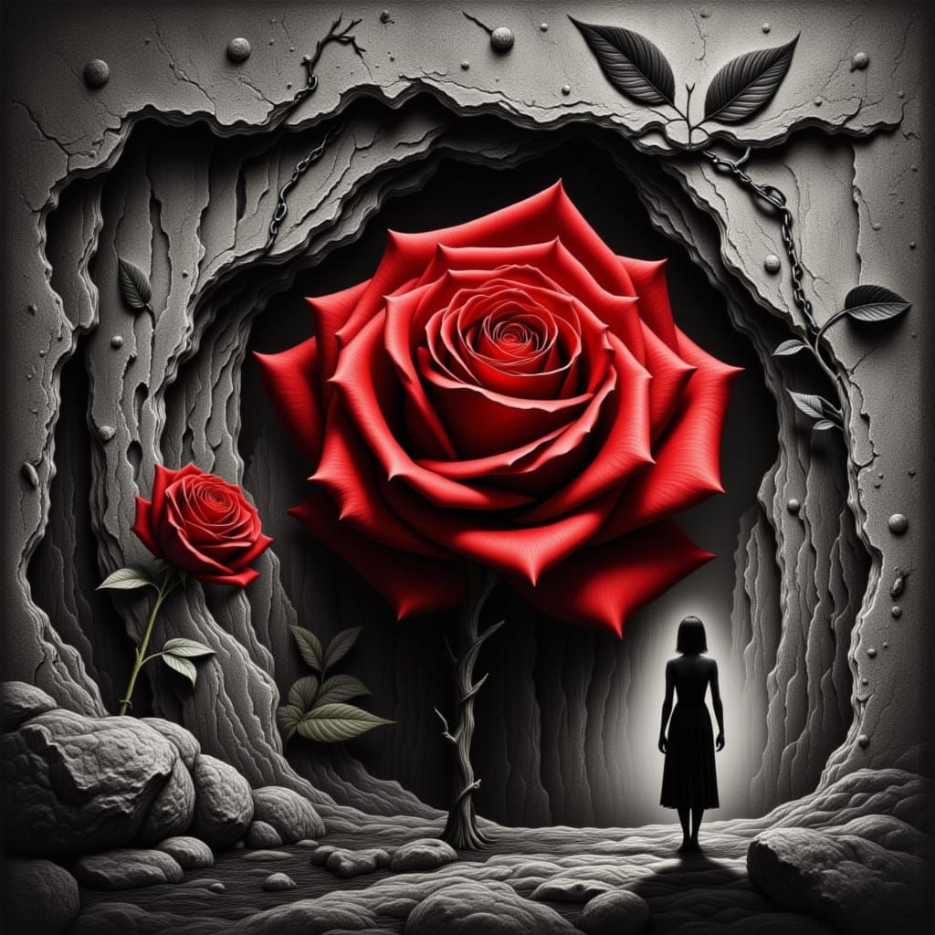 Woman Reaches for Red Rose Tree Against Grayscale World