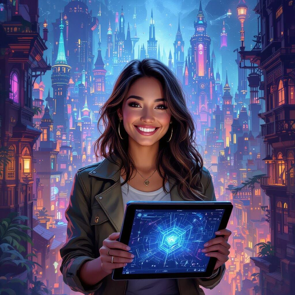 Freelancer Smiling with Tablet in Fantastical Cityscape