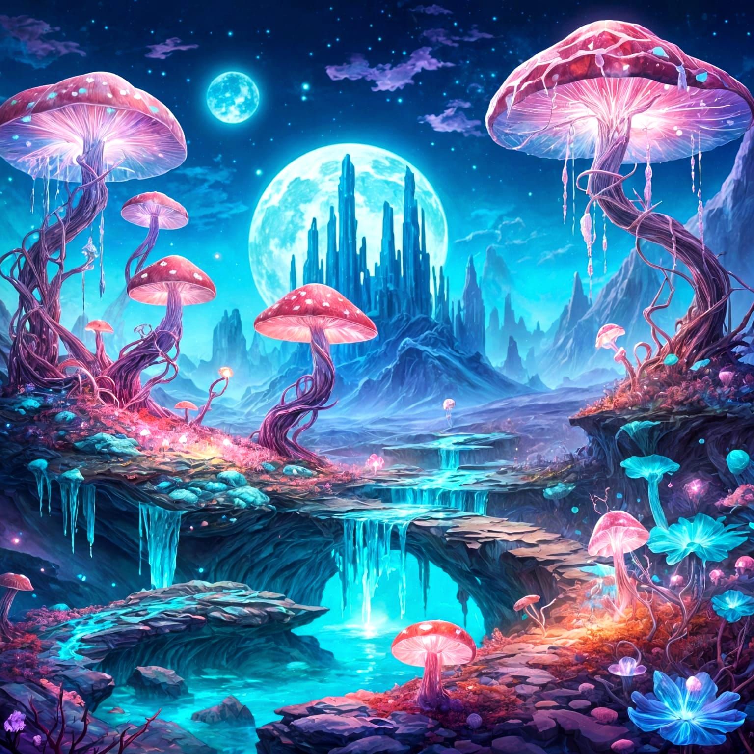 Ethereal Crystal Landscape with Glowing Mushrooms and Vines