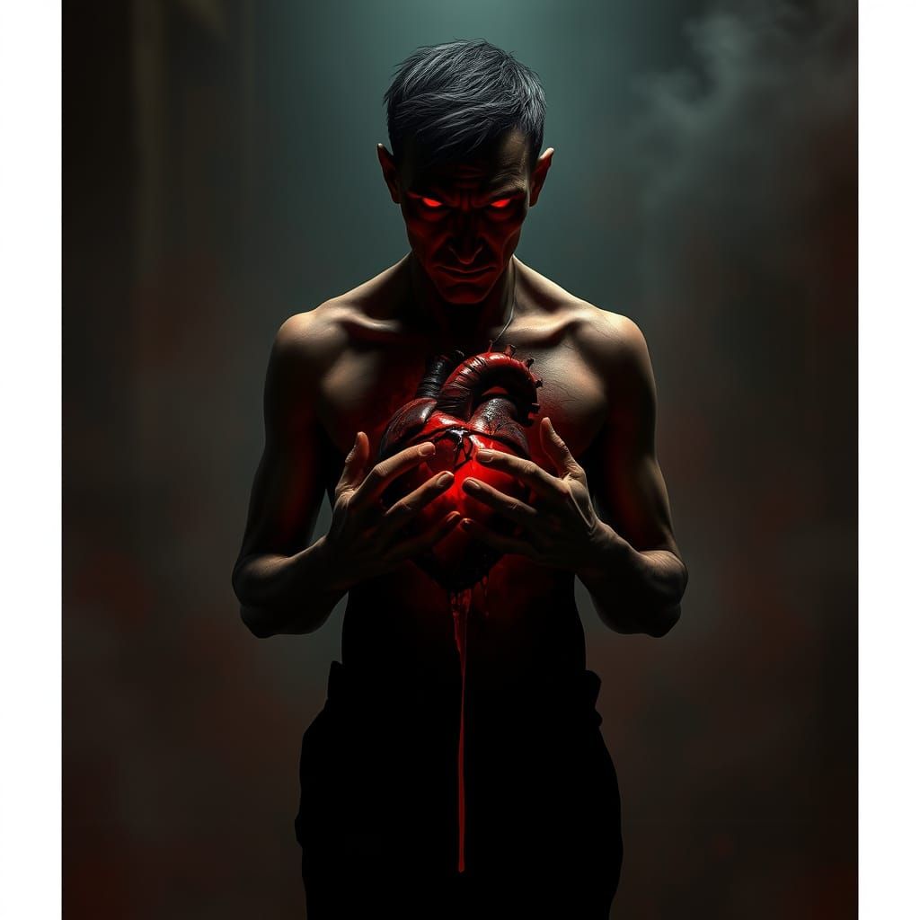 A surreal and dark fantasy scene of a man walking while hold...