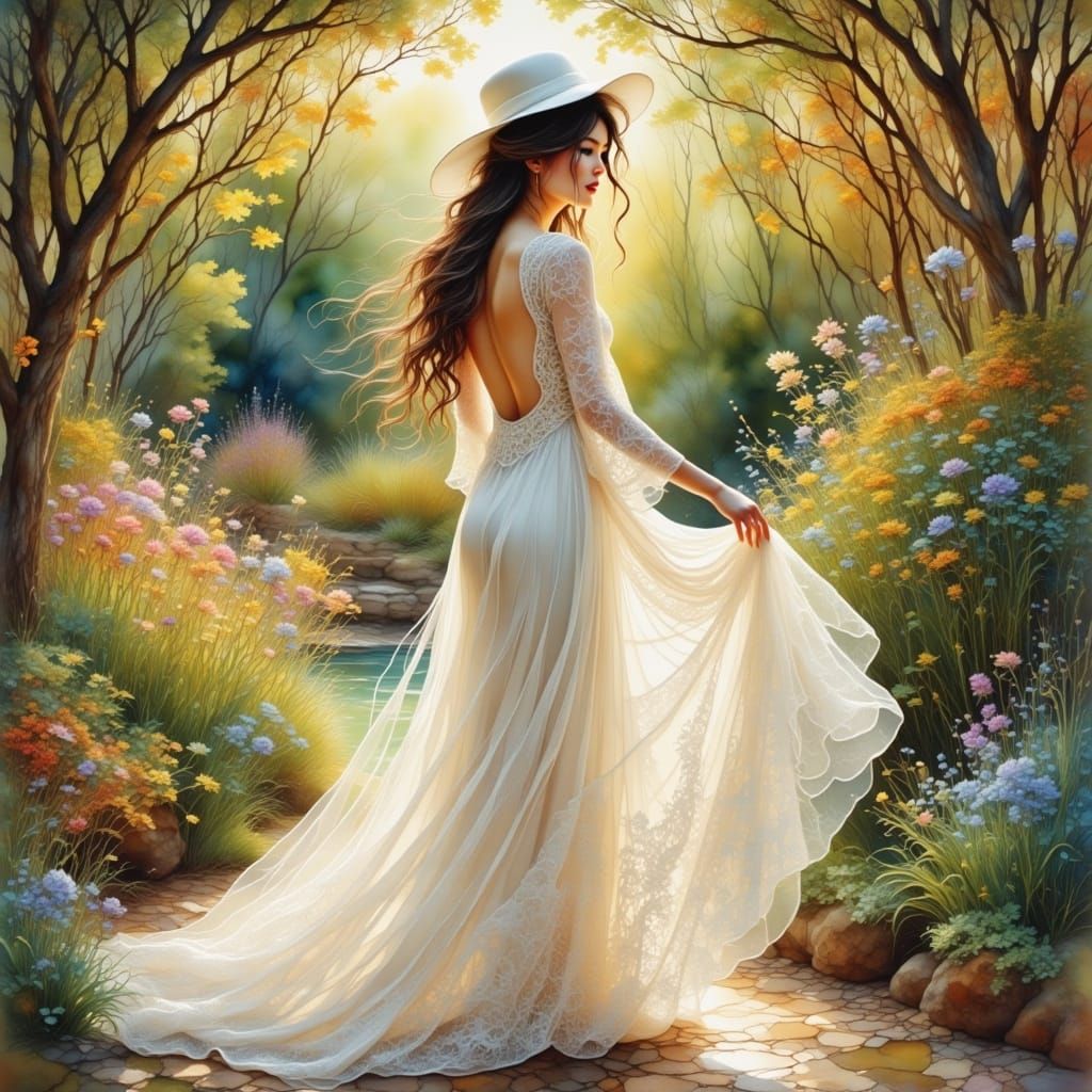 Korean Beauty in White Fedora: Antique Watercolor